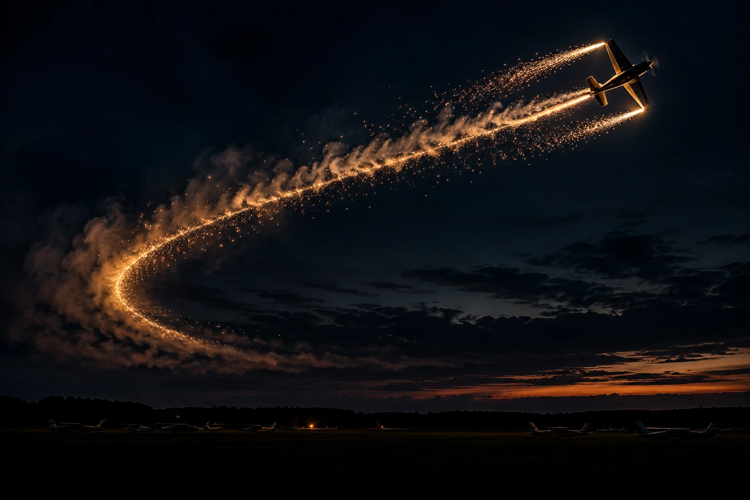 Illustrative summer night airshow with an aircraft trailing golden light
