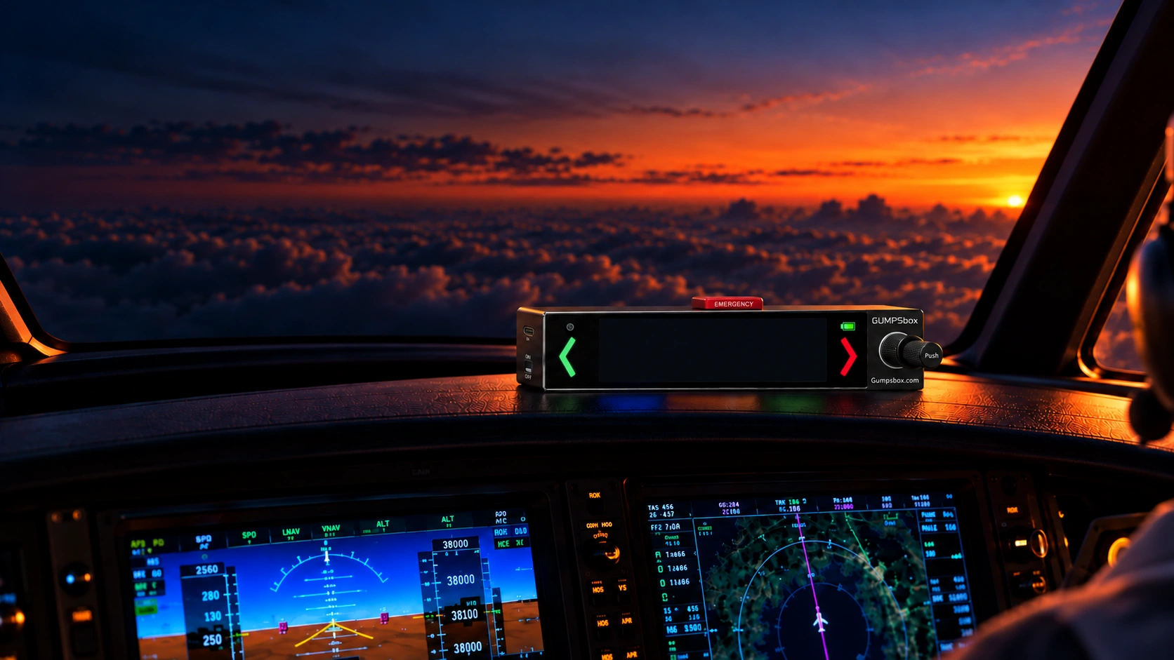 View from the left pilot seat: GUMPSbox on the dashboard ahead and to the right, with the co-pilot at the right edge