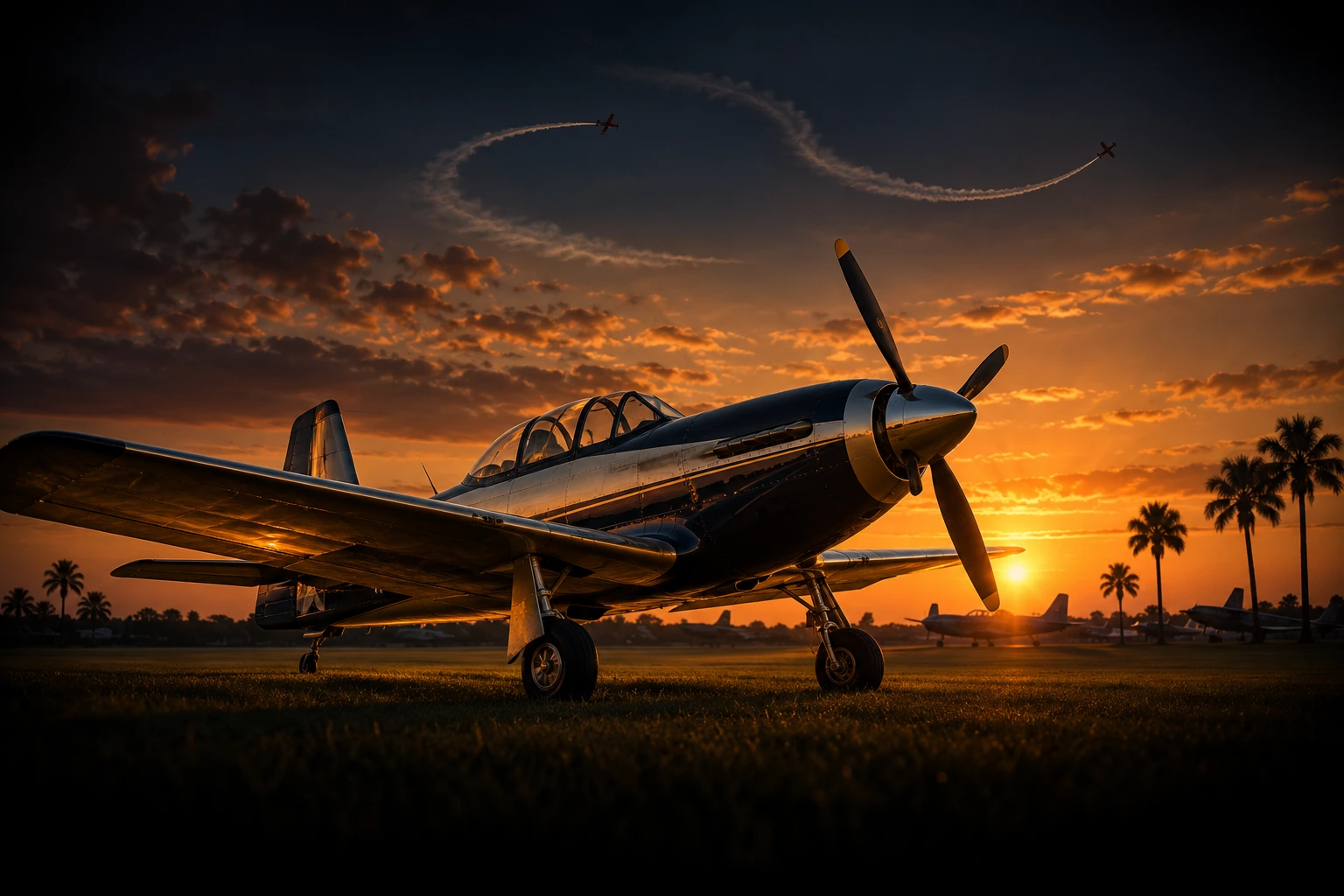Illustrative Florida airfield at dusk, with a light aircraft and an aerobatic display